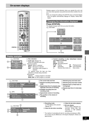 Page 4343
RQT7237
Advanced operation
On-screen displays
Displays appear on the television when you operate the unit to let
you know what operation was performed and what condition the unit
is in.
≥You can change the setting in the SETUP menu so the first display
does not appear automatically (➜page 45, Display—Status Mes-
sages).
Press [STATUS].
The display changes each time you press the button.
e.g., DVD-RAM
DV DTV
INPUT SELECTVCR Plus+OPEN/CLOSETV/VIDEO
CH
VOLUME
SKIP
DIRECT NAVIGATORPLAY LIST
TOP MENU...