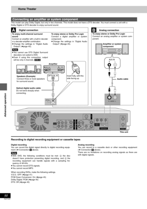 Page 5050
RQT7237
Advanced operation
Home Theater
This model can play Dolby Digital, but only in two channels. This model does not have a DTS decoder. You must connect a unit with a 
Dolby Digital or DTS decoder to enjoy surround sound.
Recording to digital recording equipment or cassette tapes
Digital recording
You can record the digital signal directly to digital recording equip-
ment (➜Connection [A] above).
[Note]
≥With DVD, the following conditions must be met: a the disc
doesn’t have protection preventing...