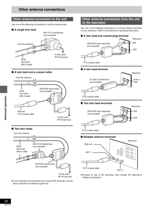 Page 5252
RQT7237
Advanced operation
Other antenna connections
Use one of the following connections to suit the antenna lead.
∫A single twin lead
∫A twin lead and a coaxial cable
∫Two twin leads
≥If your television has both lead and coaxial VHF terminals, use the
lead connection to minimize signal loss.Use one of the following connections to suit the antenna terminals
on your television. Refer to the television’s operating instructions.
∫A twin lead and coaxial plug terminal
∫A twin lead terminal
∫Two twin lead...