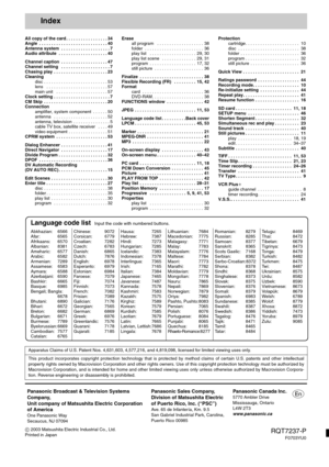 Page 60Index
All copy of the card . . . . . . . . . . . . . . . . . 34
Angle  . . . . . . . . . . . . . . . . . . . . . . . . . . . . 40
Antenna system  . . . . . . . . . . . . . . . . . . . . 7
Audio attribute  . . . . . . . . . . . . . . . . . . . . 40
Channel caption  . . . . . . . . . . . . . . . . . . . 47
Channel setting   . . . . . . . . . . . . . . . . . . . . 7
Chasing play  . . . . . . . . . . . . . . . . . . . . . . 23
Cleaning
disc . . . . . . . . . . . . . . . . . . . . . . . . . . 53
lens   . . ....