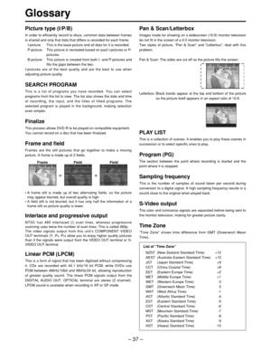 Page 37– 37 –
Glossary
Picture type (I/P/B)
In order to efficiently record to discs, common data between frames
is shared and only that data that differs is recorded for each frame.
I-picture:  This is the base picture and all data for it is recorded.
P-picture:  This picture is recreated based on past I-pictures or P- pictures.
B-picture:  This picture is created from both I- and P-pictures and fills the gaps between the two.
I-pictures are of the best quality and are the best to use when
adjusting picture...