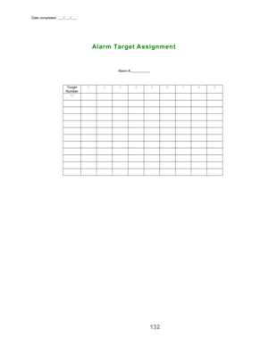 Page 134Date completed: ___/___/___
132
Alarm #                    
Target
Number123456789
10
Alarm Target Assignment 