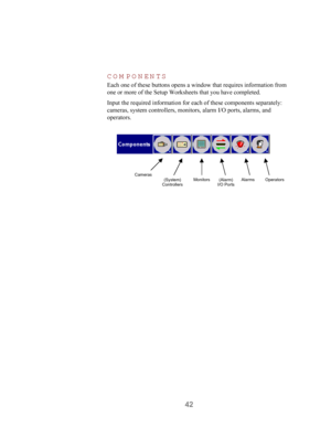 Page 4442 C O M PO N EN TS
Each one of these buttons opens a window that requires information from
one or more of the Setup Worksheets that you have completed.
Input the required information for each of these components separately:
cameras, system controllers, monitors, alarm I/O ports, alarms, and
operators.
Cameras(System)
ControllersMonitors(Alarm)
I/O PortsAlarmsOperators 