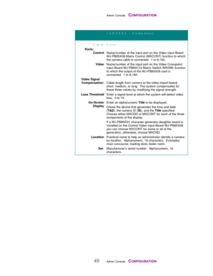 Page 47Admin Console    CONFIGURATION
45Admin Console    CONFIGURATION
CAM ERAS – Definition
Field D ata
Ports:            
ControlName/number of the input port on the Video Input Board
WJ-PB85X08 Matrix Control (MXCONT) function to which
the camera cable is connected.  1 to 8,192.
VideoName/number of the input port on the Video Crosspoint
Input Board WJ-PB85C16 Matrix Switch (MXSW) function
to which the output of the WJ-PB85X08 card is
connected.  1 to 8,192.
Video Signal     
Compensation:Cable length from...