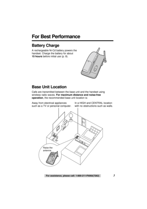 Page 3For assistance, please call: 1-800-211-PANA(7262)
For Best Performance
3
Battery Charge
A rechargeable Ni-Cd battery powers the
handset. Charge the battery for about
15 hoursbefore initial use (p. 8).
Raise the 
antenna.
Away from electrical appliances
such as a TV or personal computer.In a HIGH and CENTRAL location
with no obstructions such as walls.
Base Unit Location
Calls are transmitted between the base unit and the handset using
wireless radio waves. For maximum distance and noise-free
operation,...