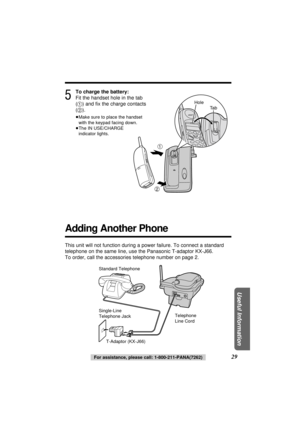 Page 2929
Useful Information
For assistance, please call: 1-800-211-PANA(7262)
5
To charge the battery:
Fit the handset hole in the tab
(1) and ﬁx the charge contacts
(2).
≥Make sure to place the handset
with the keypad facing down.
≥The IN USE/CHARGE
indicator lights.
1
2
Ta b Hole
Adding Another Phone
This unit will not function during a power failure. To connect a standard
telephone on the same line, use the Panasonic T-adaptor KX-J66.
To order, call the accessories telephone number on page 2.
T-Adaptor...