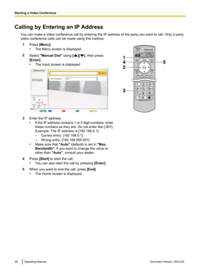 Page 26Calling by Entering an IP Address
You can make a video conference call by entering the IP address of the party you want to call. Only 2-party
video conference calls can be made using this method.1 Press [Menu].
•The Menu screen is displayed. 2
Select "Manual Dial" using [ ][ ], then press
[Enter].
• The Input screen is displayed. 3
Enter the IP address.
•If the 
IP address contains 1 or 2 digit numbers, enter
these numbers as they are. Do not enter like [.001].
Example: The IP address is...