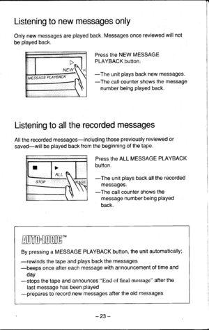 Page 23Listening to new messages only
Only new messages are played back. Messages once reviewed will not
be played back.
Press the NEW MESSAGE
PLAYBACK button.
-The unit plays back new messages.
-The call counter shows the message
number being played back.
Listening to all the recorded messages
Allthe recorded messages-including those previously reviewed or
saved-will be played back from the beginning of the tape.
Press the ALL MESSAGE PLAYBACK
button.
-The unit plays back allthe recorded
messages.
-The call...