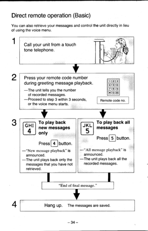 Page 34Direct remote operation (Basic)
You can also retrieve your messages and control the unit directly in lieu
of using the voice menu.
1
2
3
4
Call your unit from a touch
tone telephone.
Press your remote code number
during greeting message playback.
-The unit tells you the number
of recorded messages.*Proceed to step 3 within 3 seconds,
or the voice menu starts.Remote code no.
To play back
new messages
only,,r,,,,:i:,,,,,,,,,,,,,,
Press[+ loutton.
-\s1p message playback is
announced.-The unit plays back...