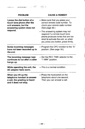 Page 44,.s{*14{4j*/}H,]i
PROBLEMCAUSE & REMEDY
I press the dial button of a
touch tone phone after the
unit answers, but the
answering system does not
respond.
-Make sure that you press your
correct remote code number. To
check your remote code number.
(See page 30.)
-The answering system may not
respond if a remote touch tone
phone produces tones that are too
short to activate the unit, so when
you press any button, press firmly.
Some incoming messages
have not been recorded up to
the end.
--Program the CPC...