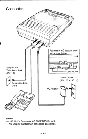 Page 9Connection
AC Adaptor
Notes:-USE ONLY Panasonic AC ADAPTOR KX-A11.
-AC adaptor must remain connected at alltimes.
Power Outlet
(AC 120 V, 60 Hz)
-9-
Fasten the AC adaptor cord
to the cord holder.
Single-Line
Telephone Jack
(RJ11C) 