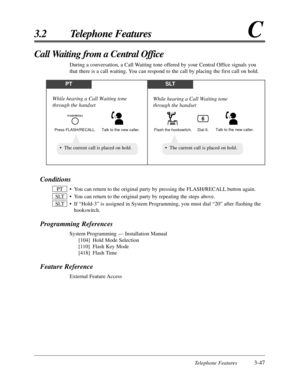 Page 101Telephone Features3-47
3.2 Telephone FeaturesC
Conditions
•You can return to the original party by pressing the FLASH/RECALL button again.
•You can return to the original party by repeating the steps above.
•If “Hold-3” is assigned in System Programming, you must dial “20” after flashing the
hookswitch.
Programming References
System Programming — Installation Manual
[104] Hold Mode Selection
[110] Flash Key Mode
[418] Flash Time
Feature Reference
External Feature Access SLT
SLT
PT
Call Waiting from a...