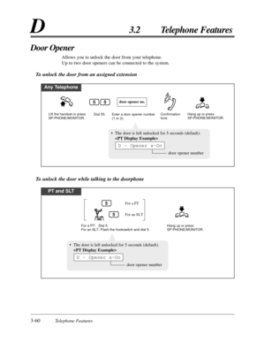 Page 1143-60Telephone Features
D3.2 Telephone Features
Door Opener
Allows you to unlock the door from your telephone.
Up to two door openers can be connected to the system.
To unlock the door from an assigned extension
Any Telephone
Enter a door opener number 
(1 or 2).
Dial 55.
door opener no.
Lift the handset or press 
SP-PHONE/MONITOR.
Confirmation 
toneHang up or press 
SP-PHONE/MONITOR.
55
• The door is left unlocked for 5 seconds (default).

door opener number
D - Opener x-On
PT and SLT
Hang up or press...