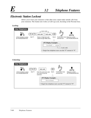 Page 1183-64Telephone Features
E3.2 Telephone Features
Any Telephone
Lift the handset or press 
SP-PHONE/MONITOR.Dial 77. Hang up or press 
SP-PHONE/MONITOR.Enter a 4-digit lock code 
(0000 through 9999) twice.Dial #.
lock codelock code
same code
Confirmation tone 
and dial tone
77

Lock code
• Single line telephone users can dial “0” instead of “#”.
Locked : xxxx
Any Telephone
Lift the handset or press 
SP-PHONE/MONITOR.Dial 77. Hang up or press 
SP-PHONE/MONITOR.Enter the same lock code 
you used to lock the...