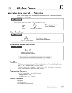 Page 121Telephone Features3-67
3.2 Telephone FeaturesE
Conditions
• This feature does not work when “Data Line Security” or “Executive Busy Override
Deny” is set at either or both of the other parties.
• When a two-party call is changed to a three-party call or vice versa, a conﬁrmation
tone is sent to all parties. The tone can be disabled.
Programming References
• System Programming — Installation Manual
[105] Conference Tone
[608] Executive Busy Override
Feature References
Conference
Data Line Security...