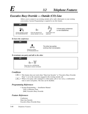 Page 1223-68Telephone Features
E3.2 Telephone Features
Conditions
•This feature does not work when “Data Line Security” or “Executive Busy Override
Deny” is set at the extension engaged in the existing outside call.
•When a two-party call is changed to a three-party call or vice versa, a conﬁrmation
tone is sent to all parties. The tone can be disabled.
Programming References
•System Programming — Installation Manual
[105] Conference Tone
[608] Executive Busy Override
Feature References
Conference
Data Line...