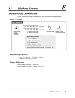 Page 123Telephone Features3-69
3.2 Telephone FeaturesE
Programming Reference
•System Programming — Installation Manual
[608] Executive Busy Override
Feature References
Executive Busy Override — Extension
Executive Busy Override — Outside (CO) Line
Executive Busy Override Deny 
Allows you to prevent other extension users from interrupting your conversation.
Setting / Canceling
Any Telephone
To set Deny: Dial 7330#.
To set Allow: Dial 7331#.
To set Deny.
To set Allow.
Lift the handset 
or press 
SP-PHONE/...