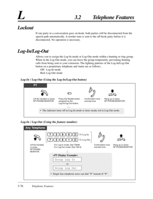 Page 1303-76Telephone Features
L3.2 Telephone Features
Lockout
If one party in a conversation goes on-hook, both parties will be disconnected from the
speech path automatically. A reorder tone is sent to the off-hook party before it is
disconnected. No operation is necessary.
Log-In/Log-Out
Allows you to assign the Log-In mode or Log-Out mode within a hunting or ring group.
When in the Log-Out mode, you can leave the group temporarily, preventing hunting
calls from being sent to your extension. The lighting...