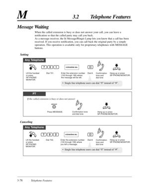 Page 1323-78Telephone Features
M3.2 Telephone Features
Message Waiting
When the called extension is busy or does not answer your call, you can leave a
notiﬁcation so that the called party may call you back.
As a message receiver, the lit Message/Ringer Lamp lets you know that a call has been
received. If you receive notiﬁcation, you can call back the original party by a simple
operation. This operation is available only for proprietary telephones with MESSAGE
buttons.
Setting
Any Telephone
Dial 701.Enter the...