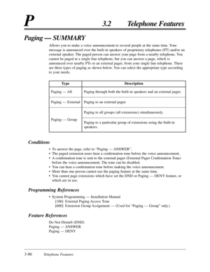 Page 1443-90Telephone Features
P3.2 Telephone Features
Paging — SUMMARY
Allows you to make a voice announcement to several people at the same time. Your
message is announced over the built-in speakers of proprietary telephones (PT) and/or an
external speaker. The paged person can answer your page from a nearby telephone. You
cannot be paged at a single line telephone, but you can answer a page, which is
announced over nearby PTs or an external pager, from your single line telephone. There
are three types of...