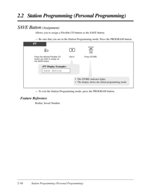 Page 442-16Station Programming (Personal Programming)
2.2 Station Programming (Personal Programming)
SAVE Button (Assignment)
Allows you to assign a Flexible CO button as the SAVE button.
— Be sure that you are in the Station Programming mode. Press the PROGRAM button.
PT
Press the desired Flexible CO 
button you wish to assign as 
the SAVE button.Dial 5.Press STORE.
5COAUTO DIAL
STORE
•The STORE indicator lights.
•The display shows the initial programming mode.

Save Button
— To exit the Station Programming...