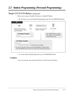 Page 45Station Programming (Personal Programming)2-17
2.2 Station Programming (Personal Programming)
Single-CO (S-CO) Button (Assignment)
Allows you to assign a Flexible CO button as a Single-CO button.
— Be sure that you are in the Station Programming mode. Press the PROGRAM button.
— To exit the Station Programming mode, press the PROGRAM button.
Condition
•You can assign the same outside (CO) line to an S-CO and G-CO button.
PT
Press the desired Flexible 
CO button you wish to assign 
as an S-CO button.Dial...