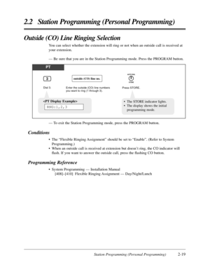 Page 47Station Programming (Personal Programming)2-19
2.2 Station Programming (Personal Programming)
Outside (CO) Line Ringing Selection
You can select whether the extension will ring or not when an outside call is received at
your extension.
— Be sure that you are in the Station Programming mode. Press the PROGRAM button.
PT
Press STORE. Dial 3.
Enter the outside (CO) line numbers 
you want to ring (1 through 3).
outside (CO) line no.3
AUTO DIAL
STORE

RNG:1,2,3
— To exit the Station Programming mode, press...