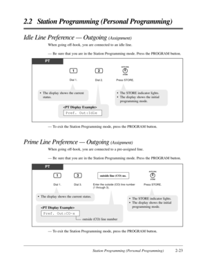 Page 51Station Programming (Personal Programming)2-23
2.2 Station Programming (Personal Programming)
Idle Line Preference — Outgoing (Assignment)
When going off-hook, you are connected to an idle line.
— Be sure that you are in the Station Programming mode. Press the PROGRAM button.
— To exit the Station Programming mode, press the PROGRAM button.
Prime Line Preference — Outgoing (Assignment)
When going off-hook, you are connected to a pre-assigned line.
— Be sure that you are in the Station Programming mode....