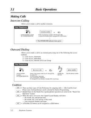 Page 563-2Telephone Features
3.1 Basic Operations
Making Calls
Intercom Calling
Allows you to make a call to another extension.
Any Telephone
Lift the handset or press 
SP-PHONE/MONITOR.Enter an extension number (100 through 199).
or press the flexible button assigned as a DSS button.
extension numberor
• The INTERCOM indicator turns green.
Any Telephone
Lift the handset 
or press 
SP-PHONE/MONITOR.
Enter a line access code (9 or 81 through 83).
or press CO.
9: Line Access, Automatic
CO: Line Access,...