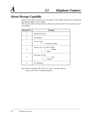 Page 583-4Telephone Features
A3.2 Telephone Features
Absent Message Capability
Allows you to show the reason for your absence, if the calling extension uses a Panasonic
proprietary telephone with a display.
This way the caller can know when or where you can be reached. You can choose one of
six messages.
Note: Enter the desired value in the “%” space. You must make an
entry in all of the %s using 0 through 9
. Message No. Message
1
2
3
4
5
6Will Return Soon
Gone Home
At Ext %%%
Extension number
Back at %%:%% AM...