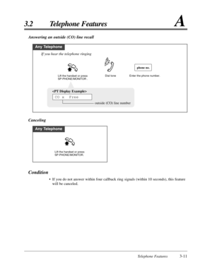 Page 65Telephone Features3-11
3.2 Telephone FeaturesA
Canceling Answering an outside (CO) line recall
Any Telephone
Enter the phone number. Dial tone
If you hear the telephone ringing
Lift the handset or press 
SP-PHONE/MONITOR .
phone no.

outside (CO) line number
CO x  Free
Any Telephone
Lift the handset or press 
SP-PHONE/MONITOR.
Condition
•If you do not answer within four callback ring signals (within 10 seconds), this feature
will be canceled. 