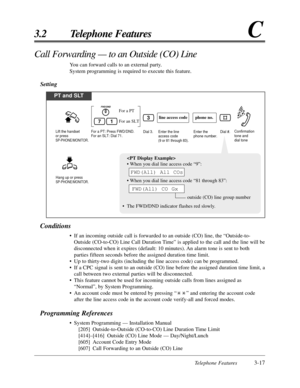 Page 71Telephone Features3-17
3.2 Telephone FeaturesC

• When you dial line access code “9”:
• When you dial line access code “81 through 83”:
outside (CO) line group number
•The FWD/DND indicator flashes red slowly.
FWD(All) CO Gx
FWD(All) All COs
Call Forwarding — to an Outside (CO) Line
You can forward calls to an external party.
System programming is required to execute this feature.
Setting
Conditions
•If an incoming outside call is forwarded to an outside (CO) line, the “Outside-to-
Outside (CO-to-CO)...