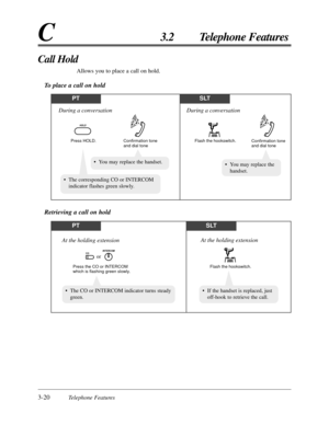 Page 743-20Telephone Features
C3.2 Telephone Features
Call Hold
Allows you to place a call on hold.
To place a call on hold
PTSLT
Flash the hookswitch.
Confirmation tone 
and dial tone
During a conversation
Press HOLD. Confirmation tone
and dial tone
During a conversation
HOLD
•The corresponding CO or INTERCOM
indicator flashes green slowly.
•You may replace the
handset.•You may replace the handset.
PTSLT
Flash the hookswitch.
At the holding extension
Press the CO or INTERCOM 
which is flashing green slowly.
At...