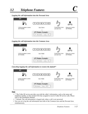 Page 81Telephone Features3-27
3.2 Telephone FeaturesC
Logging the call information into the Personal Area
PT
Dial 7381#. Lift the handset or press 
SP-PHONE.Hang up or press 
SP-PHONE. Confirmation tone 
and dial tone
1387

P-Answer Log On
Logging the call information into the Common Area
Canceling logging the call information to restore the default*
2
PT
Dial 7382#. Lift the handset or press 
SP-PHONE.Hang up or press 
SP-PHONE. Confirmation tone 
and dial tone
2387

C-Answer Log On
PT
Dial 7380#. Lift the...