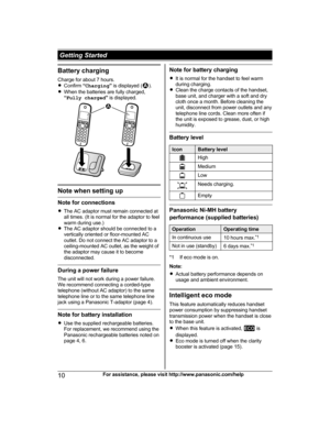 Page 10Battery charging
Ch
arge for about 7 hours.
R Confirm  “Charging ” is displayed ( ).
R Wh

en the batteries are fully charged,
“ Fully charged ” is displayed. Note when setting up
Note for connections
R
Th

e AC adaptor must remain connected at
all times. (It is normal for the adaptor to feel
warm during use.)
R The AC adaptor should be connected to a
vertically oriented or floor-mounted AC
outlet. Do not connect the AC adaptor to a
ceiling-mounted AC outlet, as the weight of
the adaptor may cause it to...