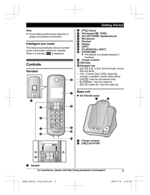 Page 9Note:
R
A
ctual battery performance depends on
usage and ambient environment. Intelligent eco mode
T
 his feature automatically reduces handset
power consumption whenever possible.
When it is activate,   is displayed.
Controls
Handset
Speaker M N
 
(TALK) Dial keypad (
*:  TONE) M
Z N (SP-PHONE: Speakerphone) Microphone
Receiver
Display
M
O
FF N M
FLASH NMCALL WAIT N M
INTERCOM N
R This feature is available between 2
handsets. Charge contacts
 
S
oft keys  
Navigator key
– MD N,  MC N,  MF N, or  ME N:...