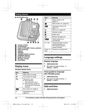 Page 10n
KX-TGC360 series Charge contacts
M N
 
(Repeat) MjN
/MkN  (VOLUME: Volume up/down) M N
 (LOCATOR) Speaker
M
E
RASE N ANSWER ON/OFF indicator
M
A
NSWER ON/OFF NM N
 (PLAY/STOP) Message indicator
M N
 
(Skip) Display icons
Handset display items
Item Meaning
Within base unit range
Out of base unit range
The line is in use.
R
W

hen flashing:
The call is put on hold.
R When flashing rapidly: An
incoming call is now being
received. Eco mode is on. (page 9)
Z Speakerphone is on.
(
 page 12) Item Meaning...