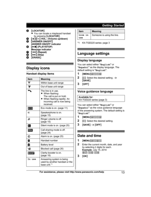 Page 13M
L OCATOR N
R Y
ou can locate a misplaced handset
by pressing  MLOCATOR N. MjN
/M
kN  
VOL.: (Volume up/down) M
A NSWER ON/OFF
N
A NSWER ON/OFF indicator M N
 (PLAY/STOP)
M

essage indicator M N
 (Repeat) M N
 (Skip) M
E RASE N Display icons
Handset display items
Item Meaning
Within base unit range
Out of base unit range
The line is in use.
R
Wh

en flashing:
The call is put on hold.
R When flashing rapidly: An
incoming call is now being
received. Eco mode is on. (page 11)
Z Speakerphone is on.
( p

age...