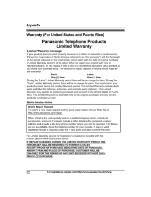 Page 52Warranty (For United States and Puerto Rico)
52
For assistance, please visit http://www.panasonic.com/helpAppendixTGD2xx_(en_en)_1209_ver.040.pdf   522013/12/09   10:59:21Limited Warranty CoverageIf your product does not work properly because of a defect in materials or workmanship, 
Panasonic Corporation of North America (referred to as “the warrantor”) will, for the length 
of the period indicated on the chart below, which starts with the date of original purchase 
(“Limited Warranty period”), at its...