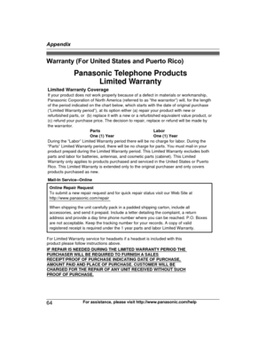 Page 64Warranty (For United States and Puerto Rico)
64
For assistance, please visit http://www.panasonic.com/helpAppendixTGE21x23x24x(en)_1122_ver031.pdf64   642013/11/22   14:22:31Limited Warranty CoverageIf your product does not work properly because of a defect in materials or workmanship, 
Panasonic Corporation of North America (referred to as “the warrantor”) will, for the length 
of the period indicated on the chart below, which starts with the date of original purchase 
(“Limited Warranty period”), at...