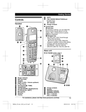 Page 13Controls
Handset
Ringer indicator
Belt clip holes
Speaker
MjN
/MkN  (VOL.: Volume up/down) M N
 (TALK) Dial keypad (
*:  TONE)Headset jack
M
Z N (
SP-PHONE: Speakerphone) M
FLASH NMCALL WAIT NMicrophone
Receiver
Display M
O
FF N M N
 (NOISE REDUCTION/Smart
function key)  indicator
Charge contacts
n C

ontrol type  
S
oft keys
By pressing a soft key, you can select the
feature shown directly above it on the
display. After a cellular phone is paired,
M CELL N is displayed.  
N
avigator key
– MD N,  MC N,...