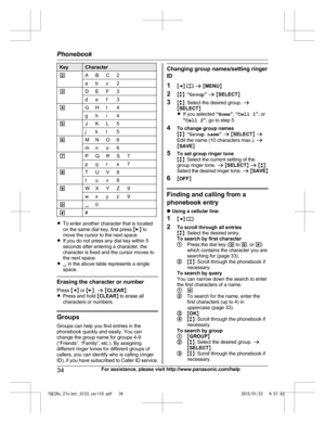 Page 34Key Character
2 A B C 2
a b c 2
3 D E F 3
d e f 3
4 G H I 4
g h i 4
5 J K L 5
j k l 5
6 M N O 6
m n o 6
7 P Q R S 7
p q r s 7
8 T U V 8
t u v 8
9 W X Y Z 9
w x y z 9
0 0
# #R
To enter another character that is located
on the same dial key, first press  ME N to
move the cursor to the next space.
R If you do not press any dial key within 5
seconds after entering a character, the
character is fixed and the cursor moves to
the next space.
R  in the above table represents a single
s

pace. Erasing the...