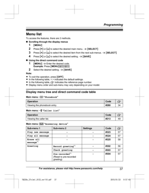 Page 37Menu list
T
o access the features, there are 2 methods.
n Scrolling through the display menus
1 MMENU N
2 Press  MC N or  MD N to select the desired main menu.  a M SELECT N
3 Press  MC N or  MD N to select the desired item from the next sub-menus.  a M SELECT N
4 Press  MC N or  MD N to select the desired setting.  a M SAVE N
n Using the direct command code
1 MMENU N a  Enter the desired code.
Example:  Press MMENU N#101 .
2 Select the desired setting.  a M SAVE N
Note:
R To exit the operation, press...