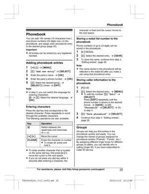 Page 25Phonebook
Y ou can add 100 names (16 characters max.)
and phone numbers (24 digits max.) to the
phonebook, and assign each phonebook entry
to the desired group (page 25).
Important:
R All entries can be shared by any registered
handset. Adding phonebook entries
1
MF N W  a  M M

ENUN
2 Mb N:  “Add new entry ” a  M SELECT N
3 Enter the party’s name.  a M OK N
4 Enter the party’s phone number.  a M OK N
5 Mb N: Select the desired group.  a
M SELECT N 2 times  a M OFF N
Note:
R In step 3, you can switch the...