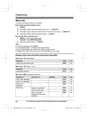 Page 28Menu list
T
o access the features, there are 2 methods.
n Scrolling through the display menus
1 MMENU N
2 Press  MC N or  MD N to select the desired main menu.  a M SELECT N
3 Press  MC N or  MD N to select the desired item from the next sub-menus.  a M SELECT N
4 Press  MC N or  MD N to select the desired setting.  a M SAVE N
n Using the direct command code
1 MMENU N a  Enter the desired code.
Example:  Press MMENU N#101 .
2 Select the desired setting.  a M SAVE N
Note:
R To exit the operation, press...