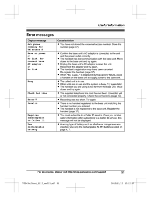Page 51Error messages
Display message Cause/solution
Ask phone
c ompany for
VM access # R
You have not stored the voicemail access number. Store the
number (page 47).
Base no power
o
 r
No link. Re-
connect base
AC adaptor.
or
No link. R
Confirm the base unit’s AC adaptor is connected to the unit
and the power outlet correctly.
R The handset has lost communication with the base unit. Move
closer to the base unit and try again.
R Unplug the base unit’s AC adaptor to reset the unit.
Reconnect the adaptor and try...