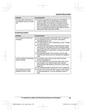 Page 55Problem Cause/solution
The 2nd caller’s information is
n ot displayed during an outside
call. R
In order to use Caller ID, call waiting, or Call Waiting
Caller ID (CWID), you must first contact your phone
service provider and subscribe to the desired service.
After subscribing, you may need to contact your phone
service provider again to activate this specific service,
even if you already subscribed to both Caller ID and Call
Waiting with Caller ID services (CWID). Answering system
Problem...