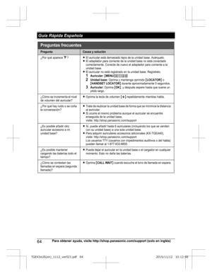 Page 6464
Para obtener ayuda, visite http://shop.panasonic.com/support (solo en inglés) Guía Rápida EspañolaTGE43xUS(en)_1112_ver021.pdf   642015/11/12   10:12:58Preguntas frecuentes
PreguntaCausa y solución
¿Por qué aparece _?LEl auricular está demasiado lejos de la unidad base. Acérquelo.LEl adaptador para corriente de la unidad base no está conectado 
correctamente. Conecte de nuevo el adaptador para corriente a la 
unidad base.
LEl auricular no está registrado en la unidad base. Regístrelo.1Auricular:...