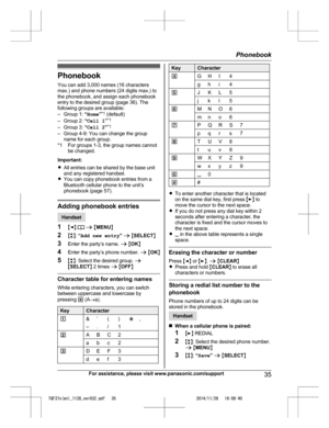 Page 35
PhonebookYou can add 3,000 names (16 characters
max.) and phone numbers (24 digits max.) to
the phonebook, and assign each phonebook
entry to the desired group (page 36). The
following groups are available:
– Group 1:  “Home ”*1
 (default)
– Group 2:  “Cell 1 ”*1
– Group 3:  “Cell 2 ”*1
– Group 4-9: You can change the group name for each group.
*1 For groups 1-3, the group names cannot be changed.
Important:
R All entries can be shared by the base unit
and any registered handset.
R You can copy...