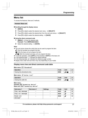 Page 37Menu list
T
o access the features, there are 2 methods. Handset / Base unit
n S

crolling through the display menus
1 MMENU N
2 Press  MC N or  MD N to select the desired main menu.  a M SELECT N
3 Press  MC N or  MD N to select the desired item from the next sub-menus.  a M SELECT N
4 Press  MC N or  MD N to select the desired setting.  a M SAVE N
n Using the direct command code
1 MMENU N a  Enter the desired code.
Example:  Press MMENU N#101 .
2 Select the desired setting.  a M SAVE N
Note:
R The unit...